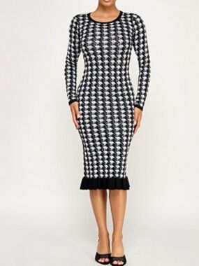 Sequin Houndstooth Ruffle Hem Midi Sweater Dress Size S